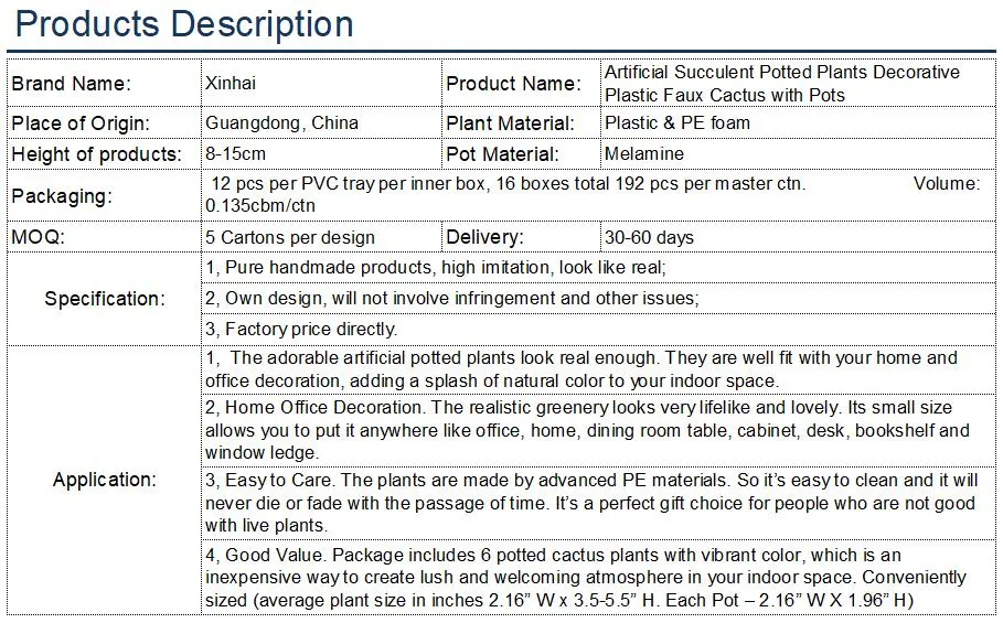 Home Decoration or Gift Artificial Plant Mini Succulent &amp; Cactus Plants in White Cube-Shaped Pots Series