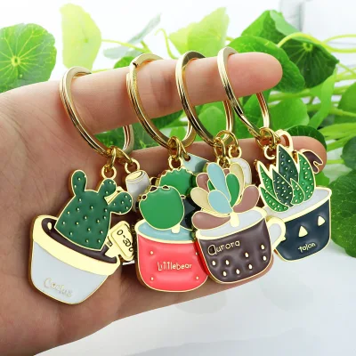 Mayorista de fábrica de logotipo personalizado en blanco en 3D las macetas con plantas suculentas Llavero colgante de la Bolsa de hierba de la suerte de aleación de metal Llavero de regalo