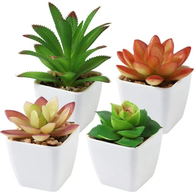 Las plantas suculentas artificiales, el conjunto de 4 pequeñas plantas falsas Mini macetas con plantas suculentas con ollas de cerámica blanca