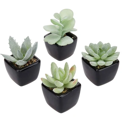 Un surtido de vívidos mini plantas suculentas artificial en el cubo negro Cerámica, Juego de 4