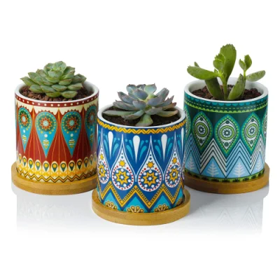 Macetas de macetas de macetas de 3 pulgadas pequeñas sembradoras de cerámica macetas de plantas Mini florero con bandeja de bambú y agujero de drenaje para plantas de interior, patrón Mandala colorido
