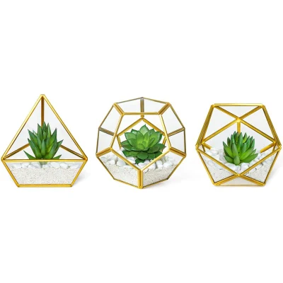 La decoración de la oficina de recepción, Paquete de 3 Mini geométrica Terrario de cristal con suculentas artificiales, en miniatura de macetas con plantas de imitación Boho estantería Decoración