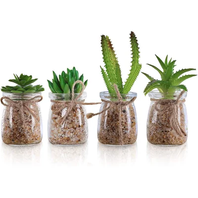 Plantas artificiales (4 Pack) - mini planta suculenta Artificial decorativo en jarrones de vidrio transparente mostrar