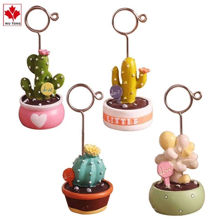 4 Pieces Mini Succulent Plants Bonsai Memo Clip Resin Cactus Statue Name Card Holder Decor