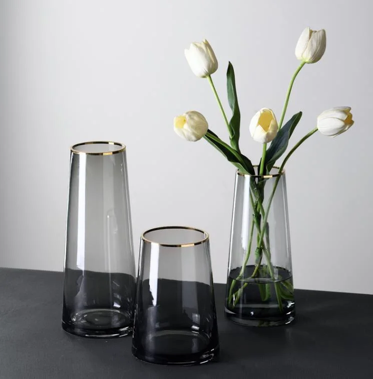 Wholesale Wedding Centerpiece Hand Blown Black Grey Colored Crystal Glass Large Round Tall Flower Glass Vase