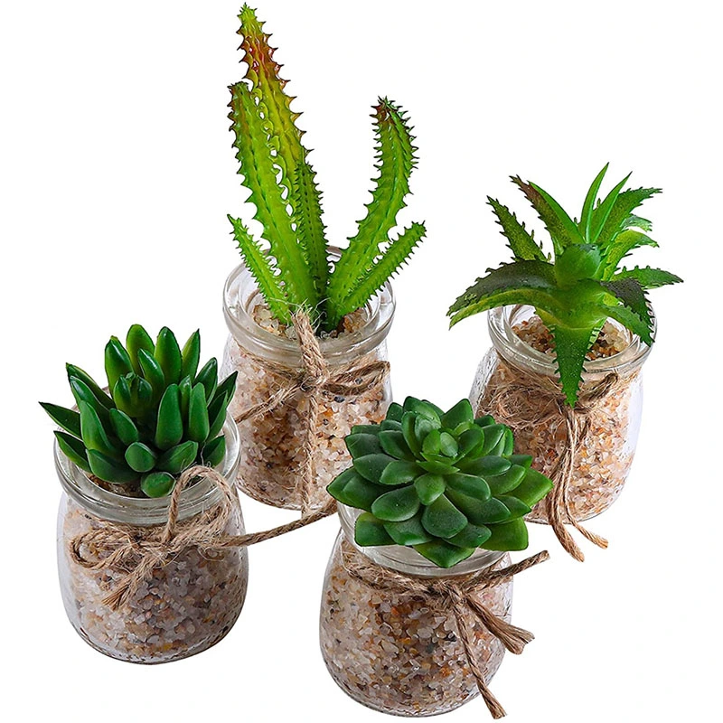 Artificial Plants (4 Pack) - Decorative Mini Artificial Succulent Plant in Clear Glass Vases Display