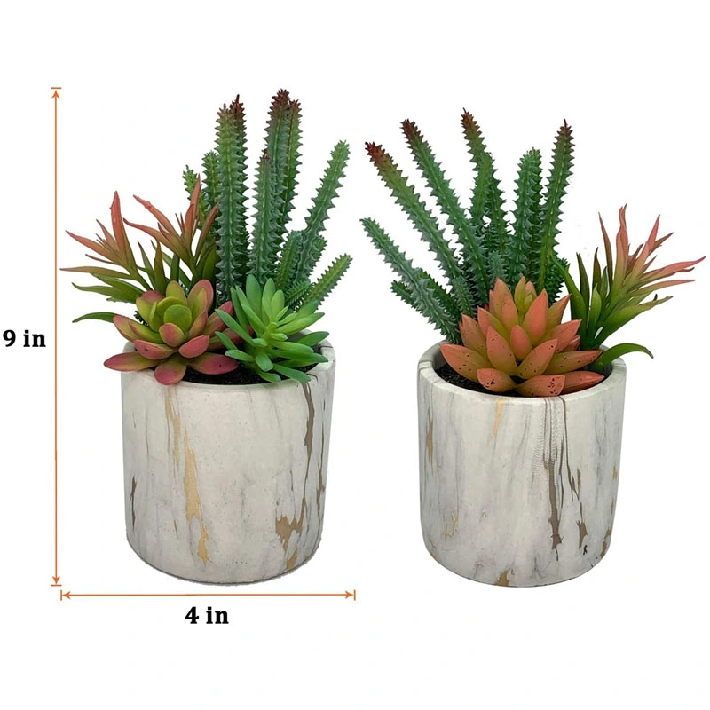 Set of 2 Artificial Green Succulent Plants with Decorative Marble Pots