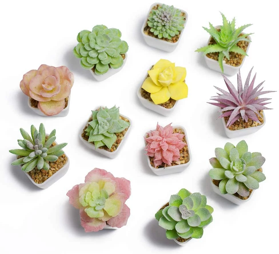 Mini 6 Sets Artificial Succulent Plants in White Pots,Fake Small Fake Plants, Faux Mini Succulents Plants Indoor for Desk Living Room Bedroom Windowsills Office