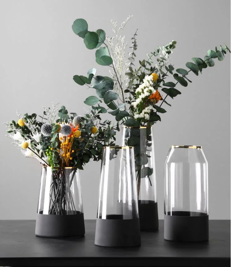 Wholesale Wedding Centerpiece Hand Blown Black Grey Colored Crystal Glass Large Round Tall Flower Glass Vase