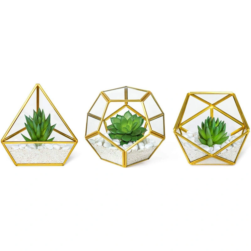 Office Decor for Desk, 3 Pack Mini Glass Geometric Terrarium with Artificial Succulent, Miniature Potted Faux Plant Bookshelf Boho Room Decor