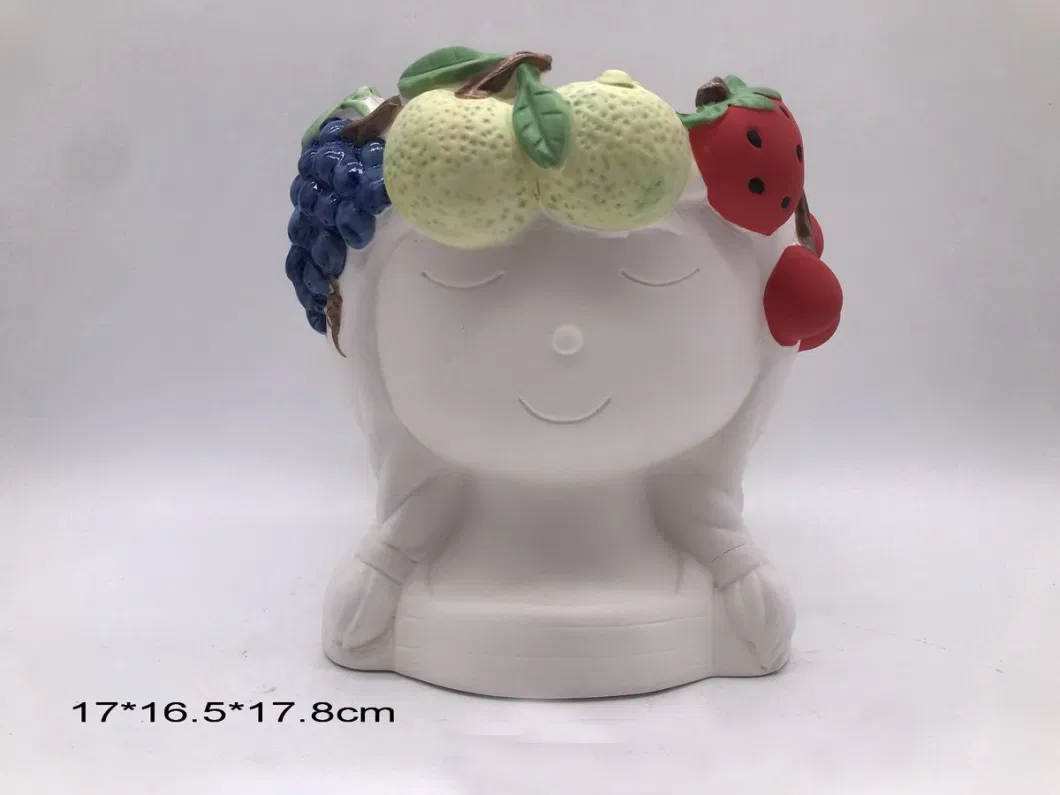 Ceramic Girl Face Statue Fruit Garland on Head Pot for Flower and Plant and Succulent Arrangement, Table Decoraton, Planter Pot, Gift for Everyday