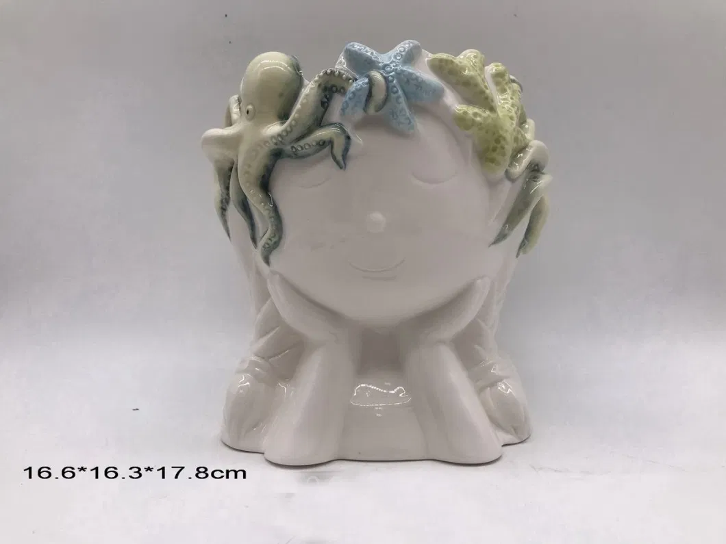 Ceramic Girl Face Statue Sea Animal Garland on Head Pot for Flower and Plant and Succulent Arrangement, Table Decoraton, Planter Pot, Gift