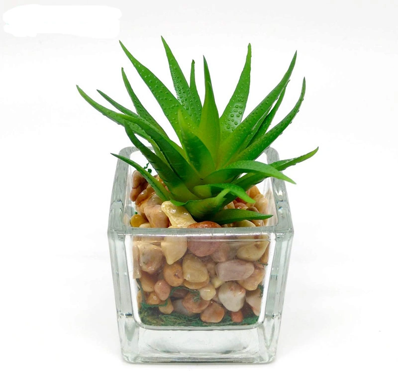 Small Glass Cube Artificial Succulent Planters 4 Set Assorted Faux Plants with Smooth Rocks