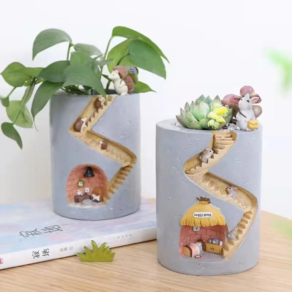 Garden Decor Cartoon Flowerpots Resin Desktop Ornament Rabbit Hedgehog Water Planting Container Creative Succulents Planter Bl21948