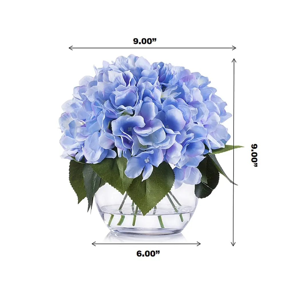 Wedding Decor Blue Artificial Silk Hydrangea Fake Flowers Arrangement in Clear White Vase