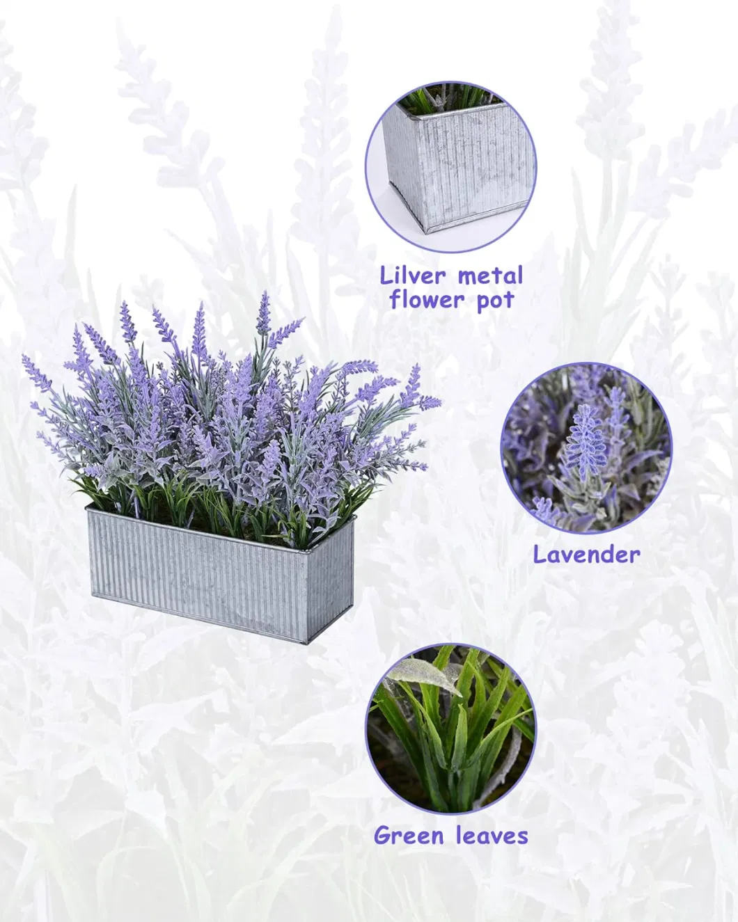 Artificial Lavender Decor Faux Lavender Plant with Silver Metal Pots