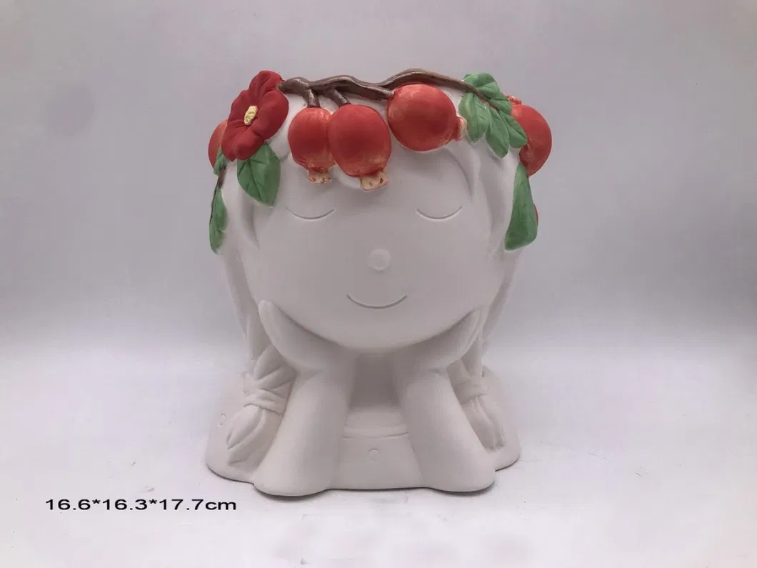 Ceramic Girl Face Statue Fruit Garland on Head Pot for Flower and Plant and Succulent Arrangement, Table Decoraton, Planter Pot, Gift for Everyday