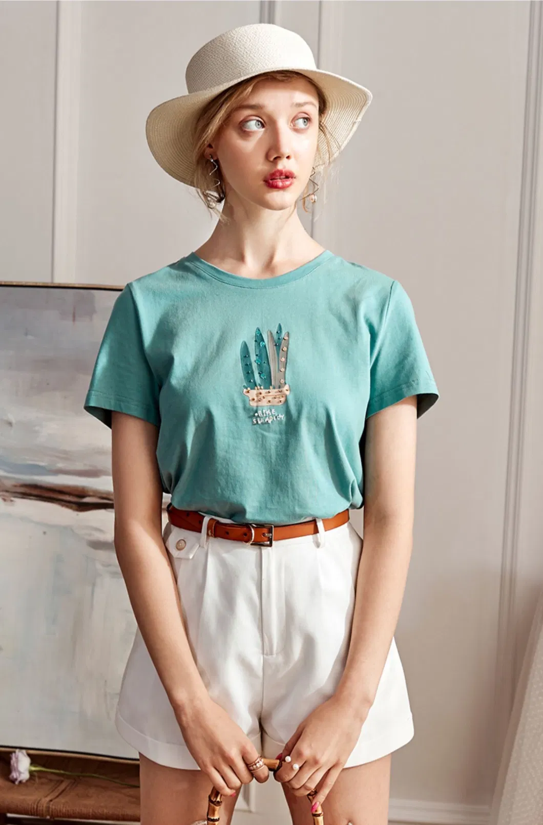 Fresh Green Cacti Printed Contrast Sequin Embroidered Cute Fashion Tshirt