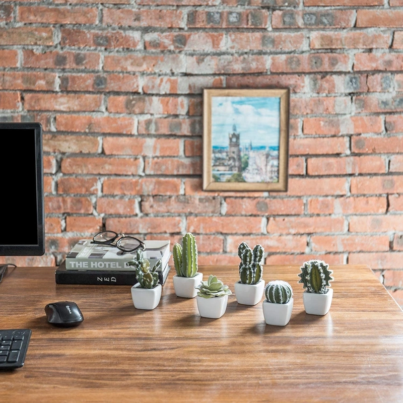 Artificial Mini Succulent &amp; Cactus Plants in White Cube-Shaped Pots for Home Decor, Set of 6