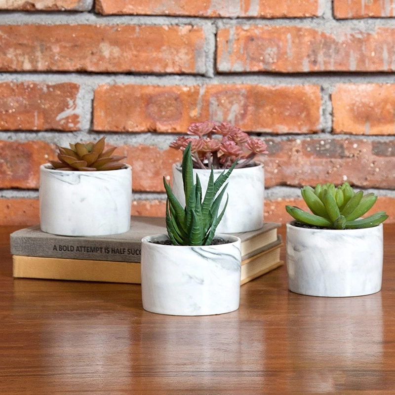 Mini Artificial Succulent Plants in Marbled Ceramic Planters, Set of 4