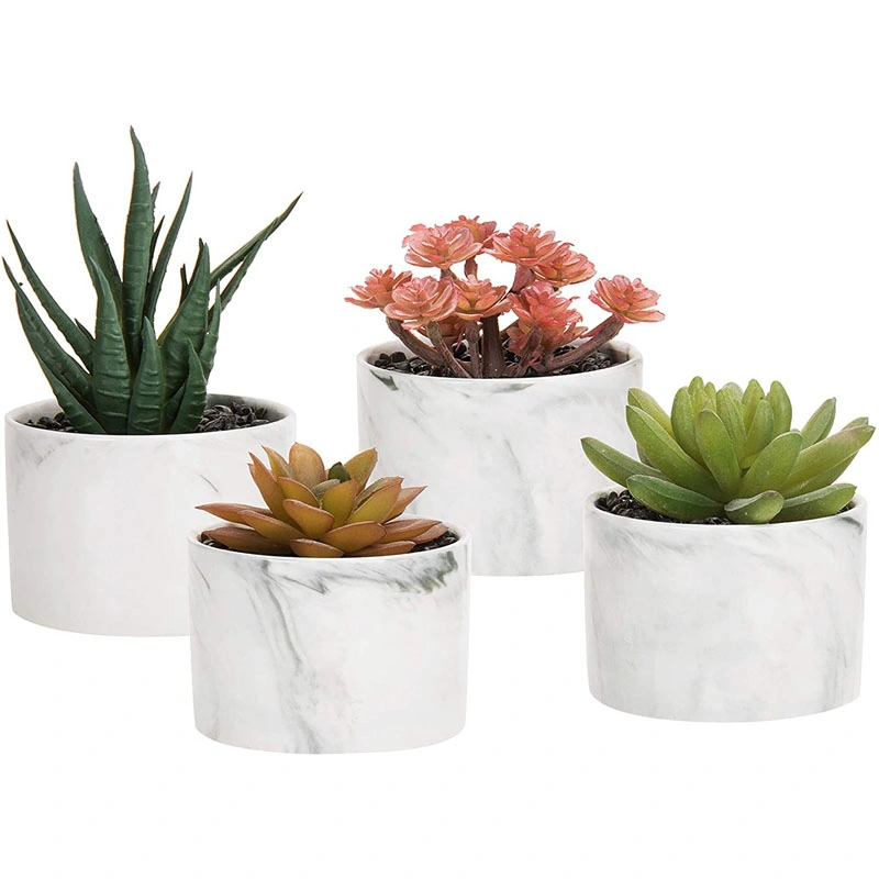 Mini Artificial Succulent Plants in Marbled Ceramic Planters, Set of 4