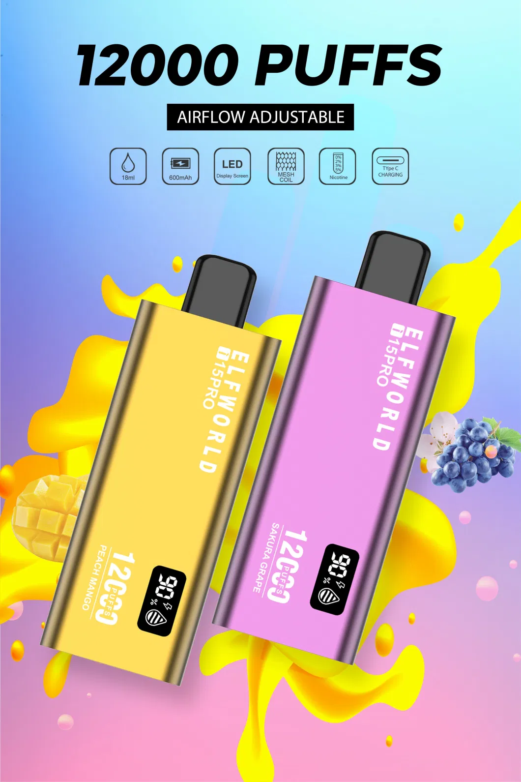 Best Buy Disposable E Cigarette 12000 Puffs Fruits Flavors 5000 7000 9000 11000 13000 15000 Puffs Disposable Vape Pen LED Dispay Screen Air Adjustable Vapor