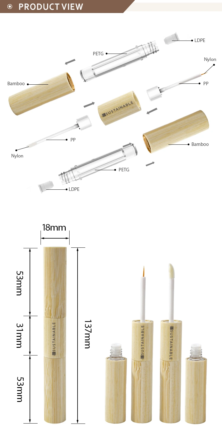 Private Label Juicy Biodegradable Recyclable Replaceable Bamboo Cosmetic Empty Lipgloss Tube