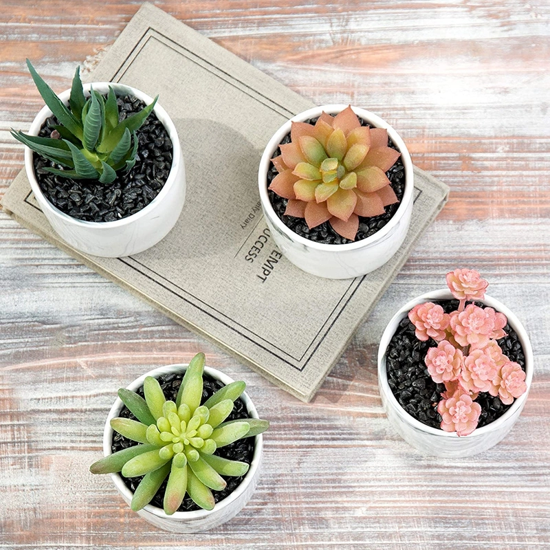 Mini Artificial Succulent Plants in Marbled Ceramic Planters, Set of 4