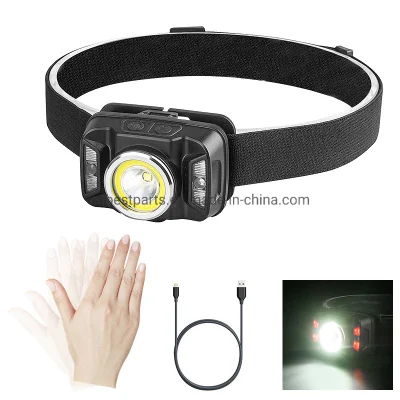  Red Warning Flashing Head Torch Light Camping Emergency Rechargeable LED Portable Headlamp with Sensor Adjustable Headband Powerful COB LED Headlight