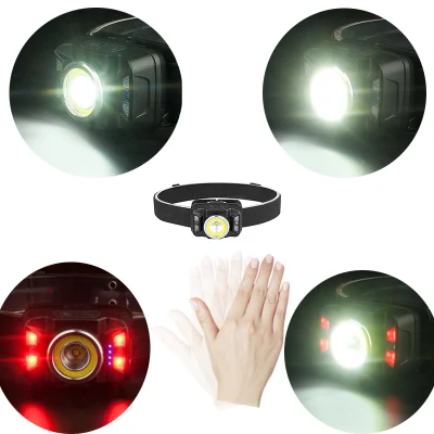 Wholesale Camping Head Torch Lamp Emergency Head Torch Light 5W Rechargeable Headlamp with Red Warning Sensor Zooming LED Headlamp