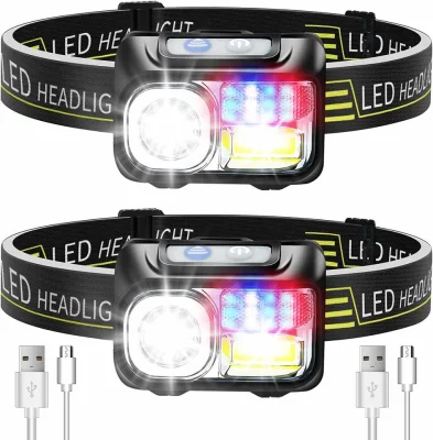  6 Light Modes with Red and Blue Warning Lights Sensor Lightweight LED Rechargeable Headlamp Head Torch