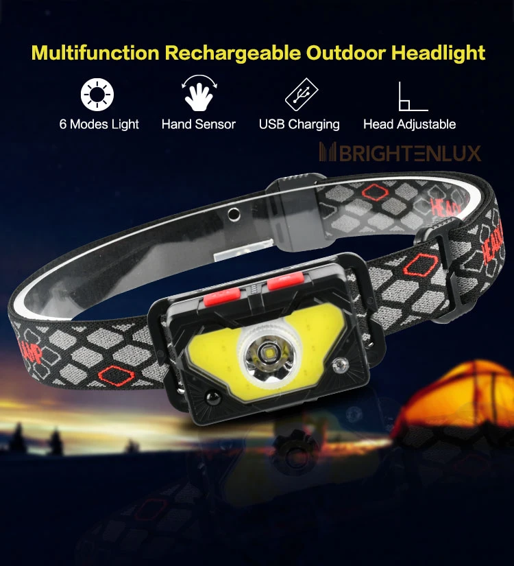 Brightenlux Factory Supply Adjustable Belt USB Rechargeable Battery High Bright LED Headlamp Tactical with 6 Modes