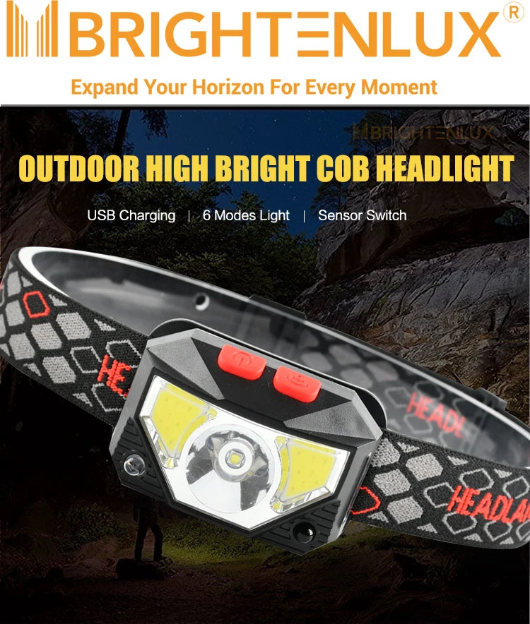 Brightenlux Custom Running Hiking Long Range Sensor USB Rechargeable Headlamp LED, Ipx4 Waterproof COB LED Headlamp Rechargeable