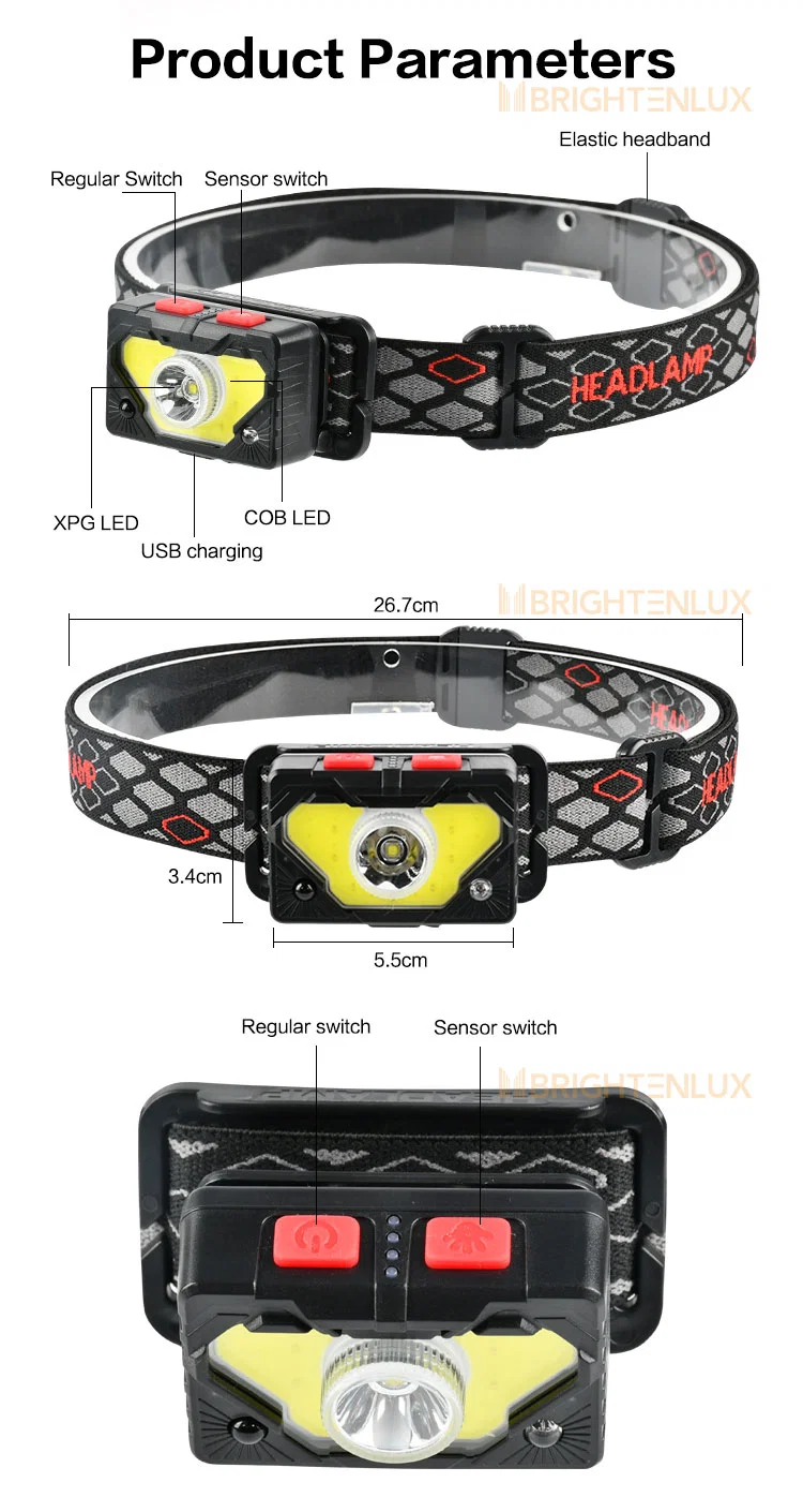 Brightenlux Factory Supply Adjustable Belt USB Rechargeable Battery High Bright LED Headlamp Tactical with 6 Modes