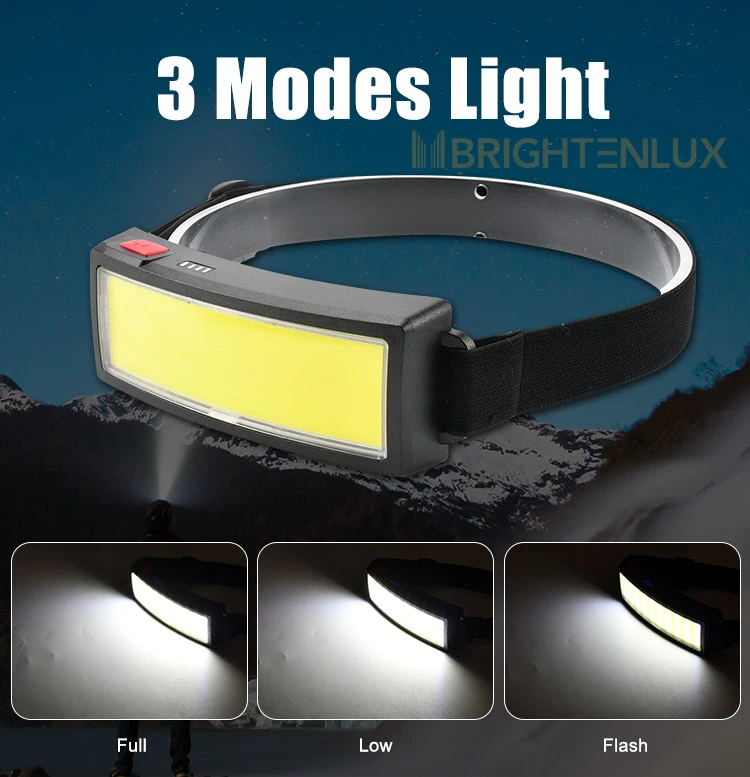 Brightenlux New Design Fashion 3 Modes Light Rechargeable Miner Lamp Headlamp, High Lumens COB LED Head Flash Light for Night Outdoor