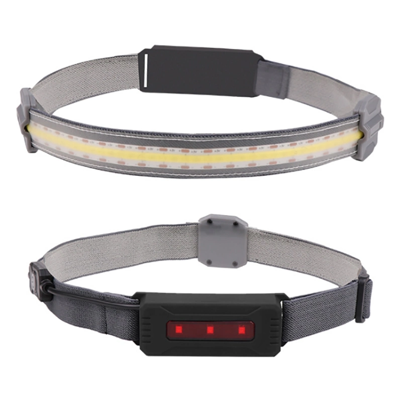 Rechargeable Broad Head Torch Light with Ultra-Low Profile Durable Elastic Headband 300 Lumens Headlight 3W COB LED Headlamp with 3PCS Red Warning Light