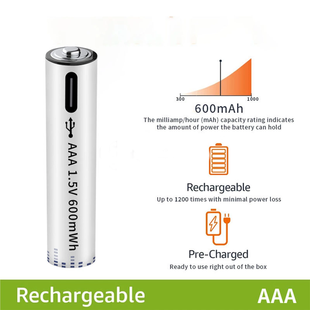 Wholesale Rechargeable 600mwh Li-ion 1.5V Lithium Ion AAA Battery with Type C Data Cable