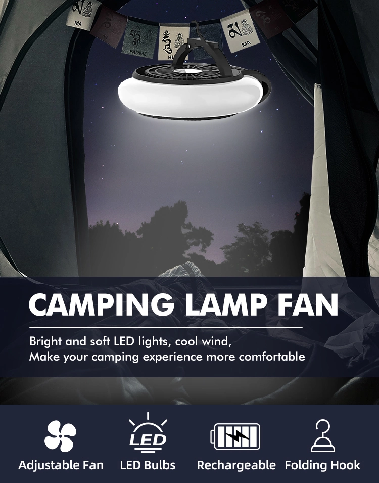 Outdoor Hiking Portable Rechargeable USB Fan 2-in 1 LED Light Camping Fan for Tent