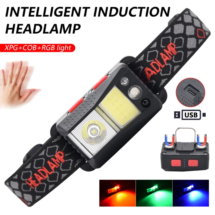 Super Bright Xpg+COB RGB LED Sensor Motion Headlamp USB Charging Waterproof Headlight with Magnet Hook Camping Lamp