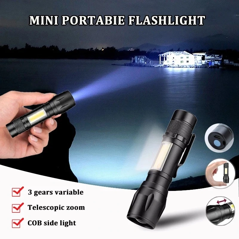 Mini Aluminum Alloy Flood Light Torch COB LED USB Rechargeable Torch Zoom Flashlight