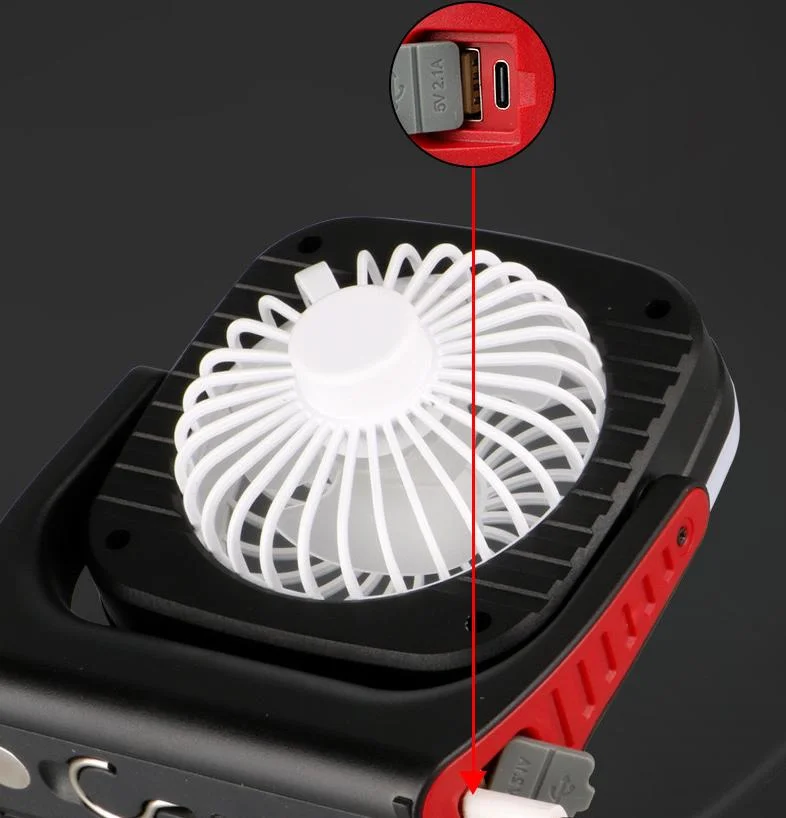 Red Warning Flashing Outdoor Emergency LED Camping Fan Light with Power Bank Base Magnet 5 Modes Camp Tent Fan Lamp 180 Degree Rotated Camping Lamp