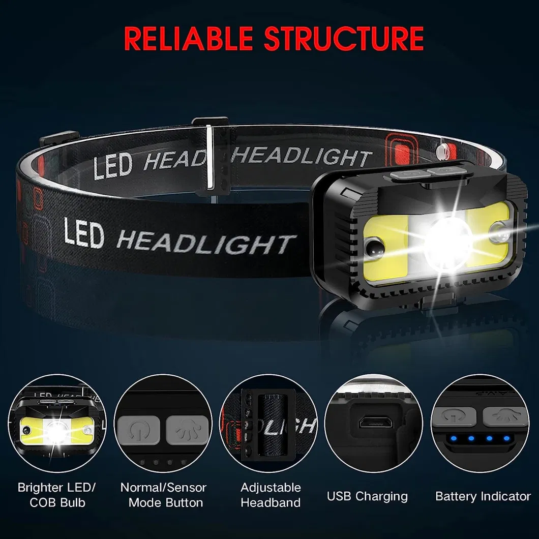 Outdoor COB Motion Sensor Camping Head Lamp LED Rechargeable Flashlight Head Light Torch Headlamp with USB Charge