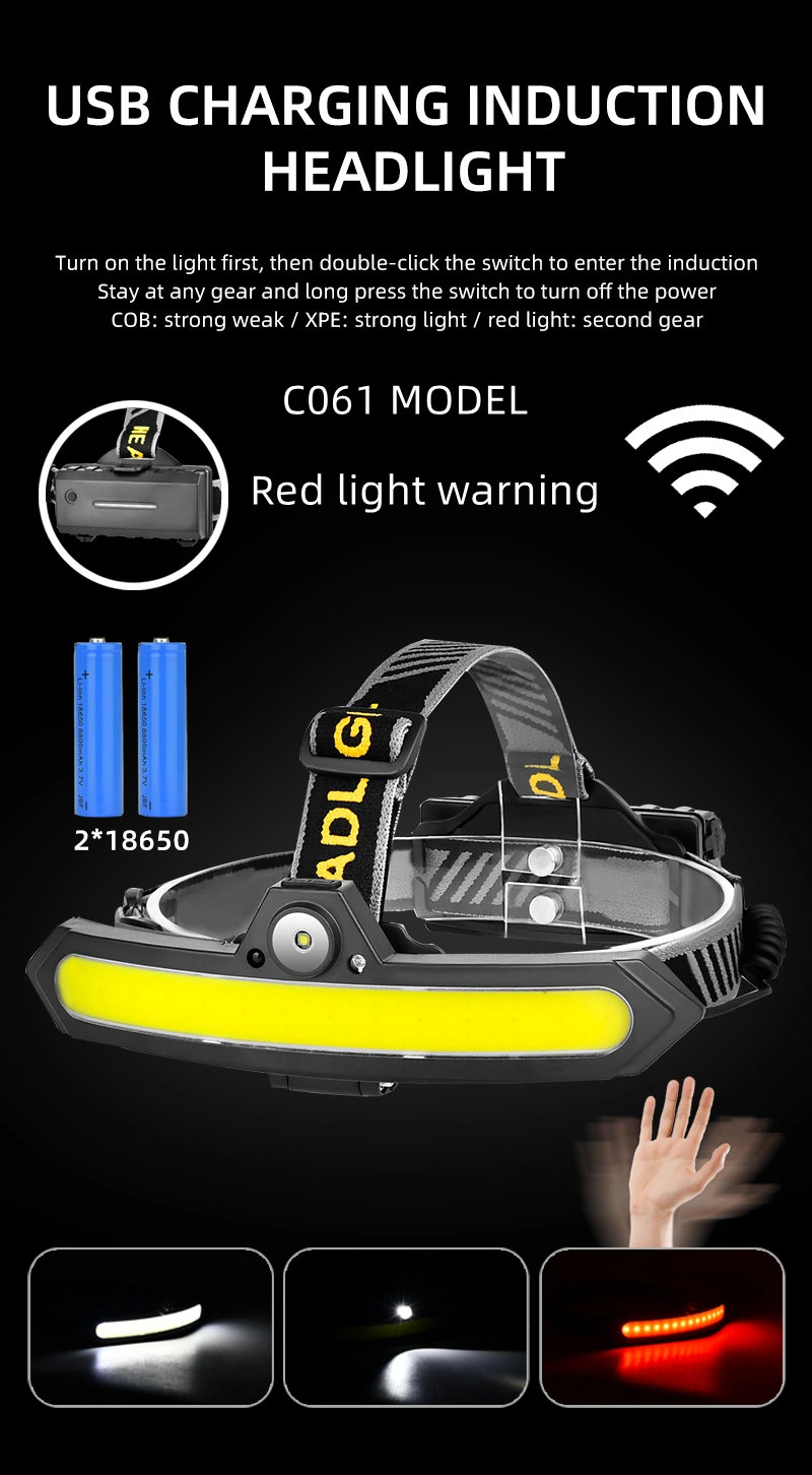 Waterproof Type-C Rechargeable COB LED Head Lamp Sensor for Camping Fishing