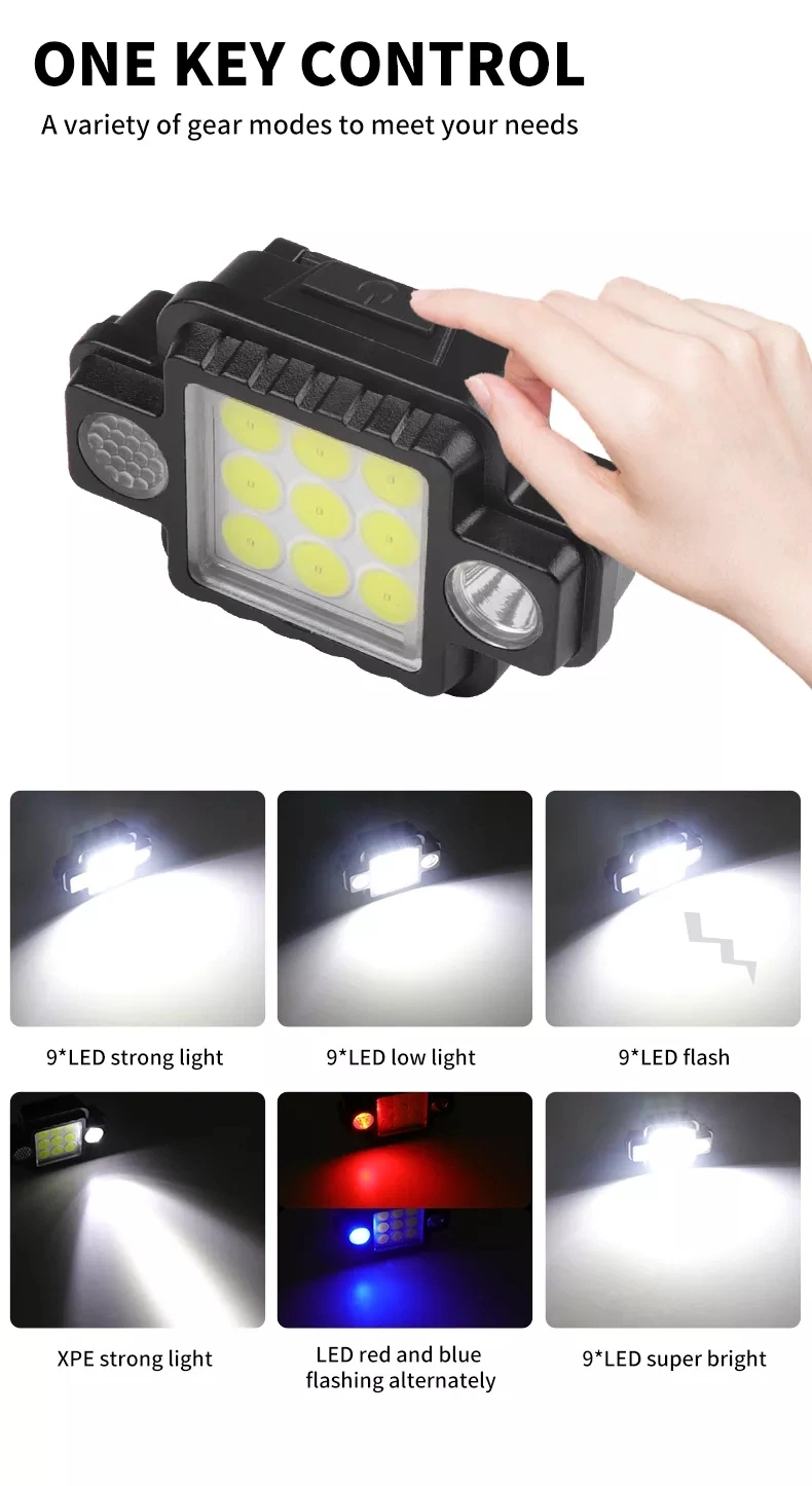 Portable Magnetic Work Lamp LED Red Blue Flashing 9 COB Multi-Function 5 Mode Light Fishing Camping Headlamp