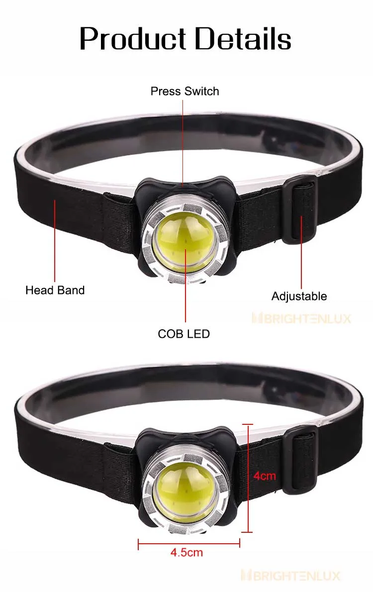 Brightenlux New Style Running Riding High Power Waterproof Head Band Light, Portable USB Rechargeable Small COB LED Hoofdlamp Headlamp