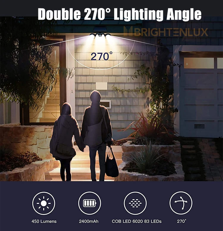Brightenlux Solar Light Manufacturer 3 Modes Wide Angle IP65 Waterproof Solar Floodlight, 3 Head COB LED Solar Light Motion Sensor