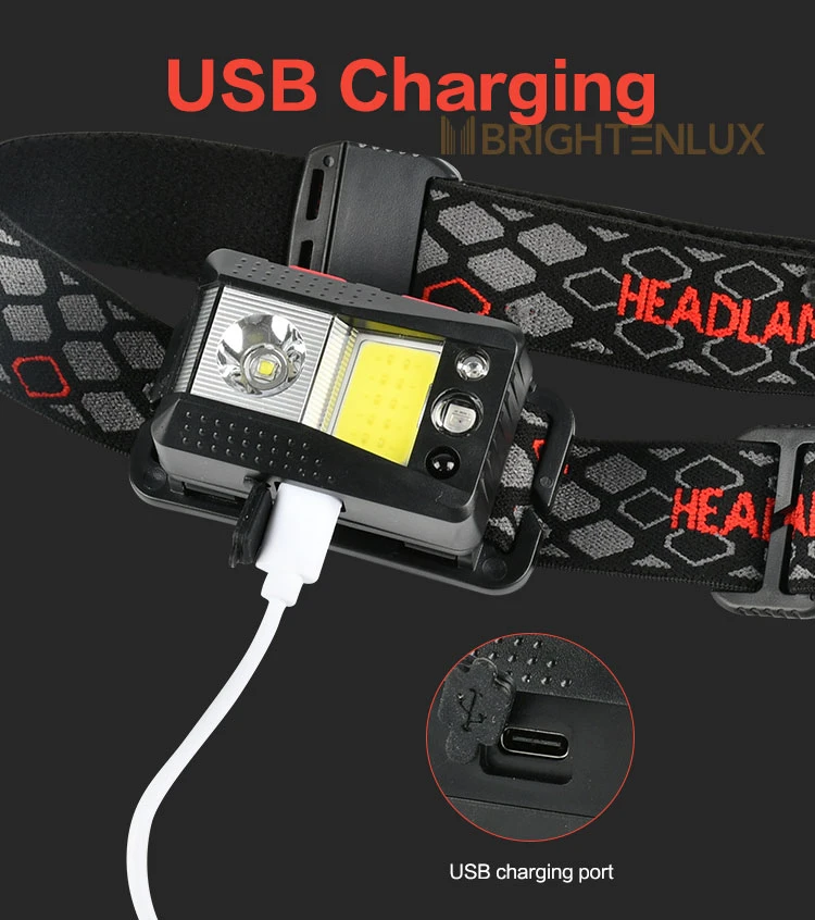 Brightenlux Outdoor USB Rechargeable LED Headlamp IP44 Waterproof Sensor COB LED Headlamp