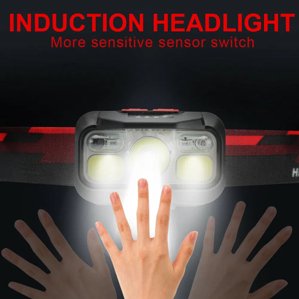 800 Lumen Wave XPE 2X LED COB Rechargeable Sensor Head Torch Battery Indication Charging Portable Headlight Flashing Warning LED Headlamp with Sensor Switch