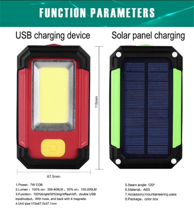 Solar Hand-Held Work Light USB Rechargeable COB Outdoor Camping Light