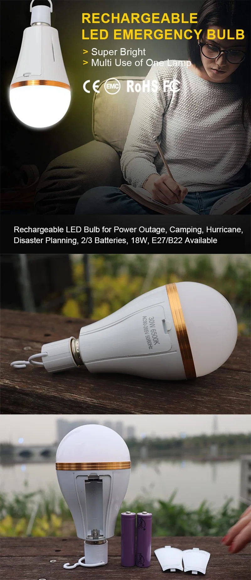 Hurricane Supplies 15W Emergency Rechargeable Camping LED Light Bulbs